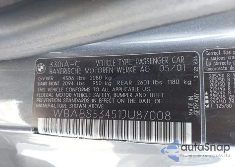 2001 BMW 330Ci из США, поврежденный, VIN WBABS53451JU87008